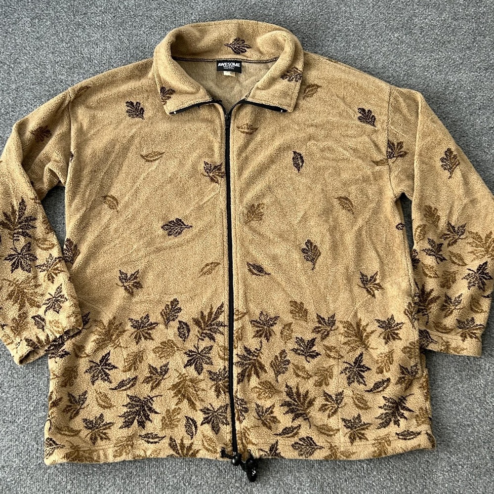 Awesome Wear‎ Jacket Womens 2X Beige Fleece Leaf Print Full Zip USA Made Vintage
